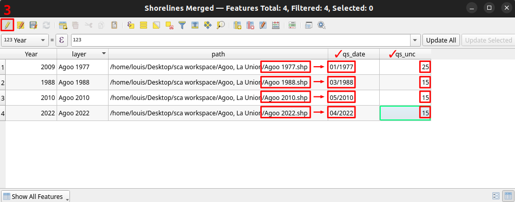 Editing attribute table of shoreline layer