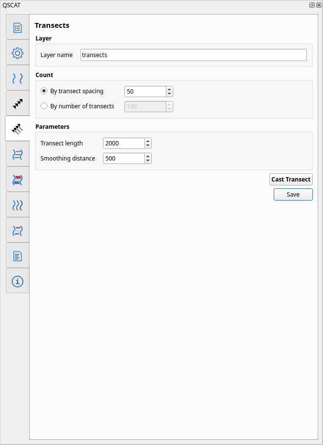 User interface of Transects Tab